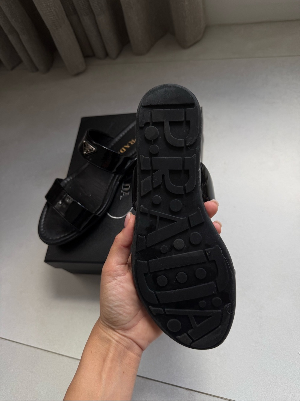 Prada Black Patent Leather Double-Strap Slide Sandals - Picture 3 of 8
